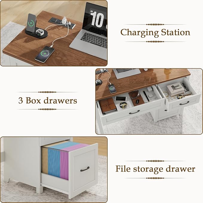 Vabches Farmhouse 47" Executive Desk, Computer Desk with File Drawer and Charging Station, Workstation for Home Office & Study.Unique White