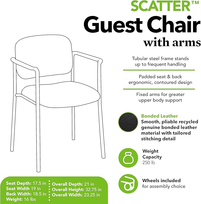 HON Scatter Leather Office Chairs for Guests, Lobby, Offices, Stackable Chairs with Arms, Comfy Desk Seating, Black