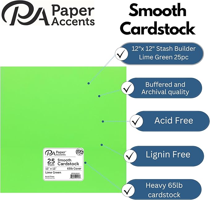 PA Paper Accents Smooth Cardstock 12" x 12" Lime Green, 65lb colored cardstock paper for card making, scrapbooking, printing, quilling and crafts, 25 piece pack