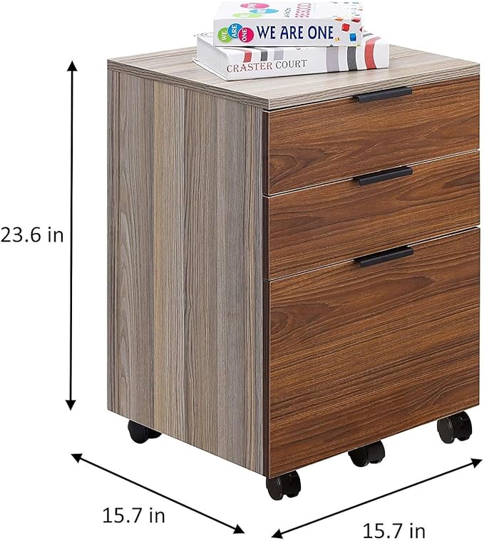 JJS 3 Drawer Rolling Wood File Cabinet with Locking Wheels, Home Office Portable Vertical Mobile Wooden Storage Filing Cabinet for Letter Size，Brown Drawer