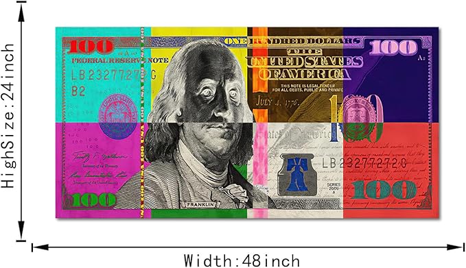 Color Money Canvas Paintings Wall Art Vivid Colorful 100 USD Print Abstract Creative Benjamin Franklin Hundred Dollar Bill Artwork Modern Home Office Decoration, Framed & Easy to Hang-48 Wx24 H