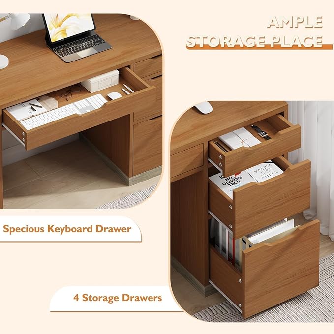 Small Computer Desk with Drawers, 48 Inch Home Office Desk with Storage for Bedroom, Wood Study Desk for Small Space, Writing, Brown