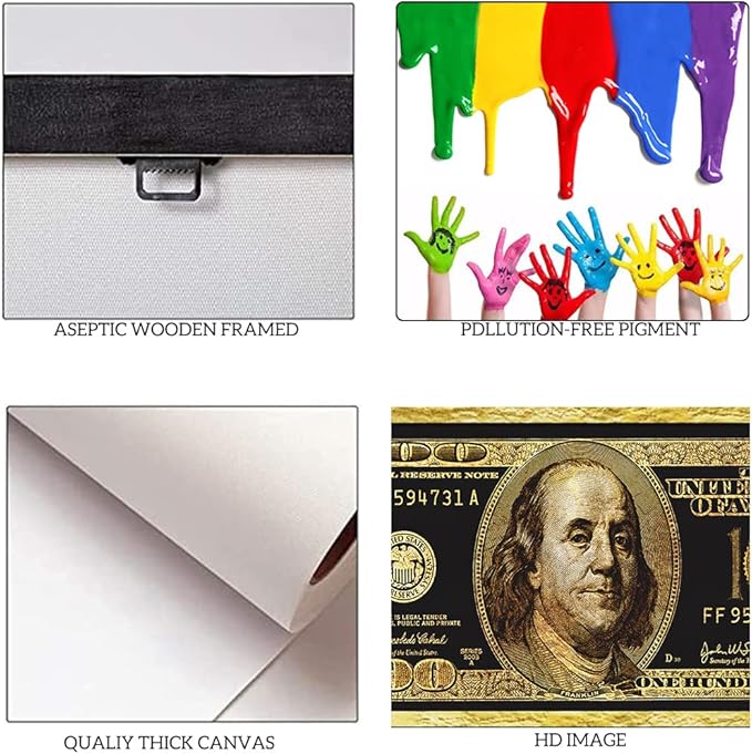 Positive Golden Dollar Money Canvas Office Paintings Prints Wall Art 100 Bill Money Abstract Wall Pictures HD Print Gift Choice for Men Farmhouse Bar Classroom Wall Decor Gallery Wrapped-40"Wx20"H
