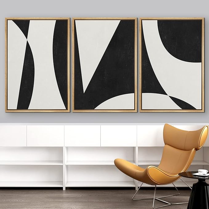 IDEA4WALL Framed Canvas Print Wall Art Set Art Deco Mid-Century Black White Polygons Abstract Shapes Illustrations Modern Art Contemporary for Living Room, Bedroom, Office - 16"x24"x3 Natural