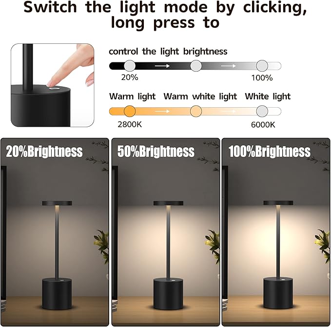 2Pack Cordless Table Lamp, Rechargeable LED Battery 5000mAh Metal USB Portable Powered Desk Lamp, 3 Levels Brightness Light for Restaurants Outdoor (2pack 10.25in Black)