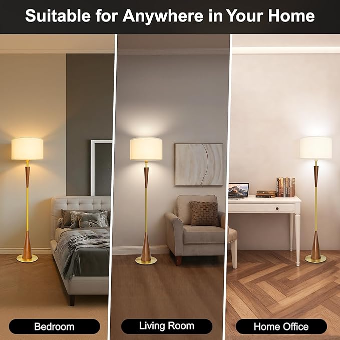 Floor Lamp for Living Room, Wood 3 Color Temperatures & Linen Shade, Modern Reading Standing Lamp with 9W LED Bulb, Mid Century Night Light for Farmhouse, Bedroom, Office, Bronze