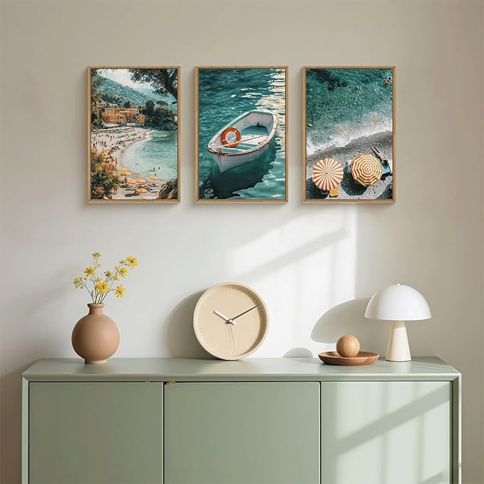 Aryroi Italy Spring Coastal Seascape Framed Canvas Wall Art Set,Mediterranean Amalfi Italian Blue Green Seaside Beach Decor,Natural Foreign Travel City Summer Artwork for Living Room,Farmhouse- 24"x36"x3