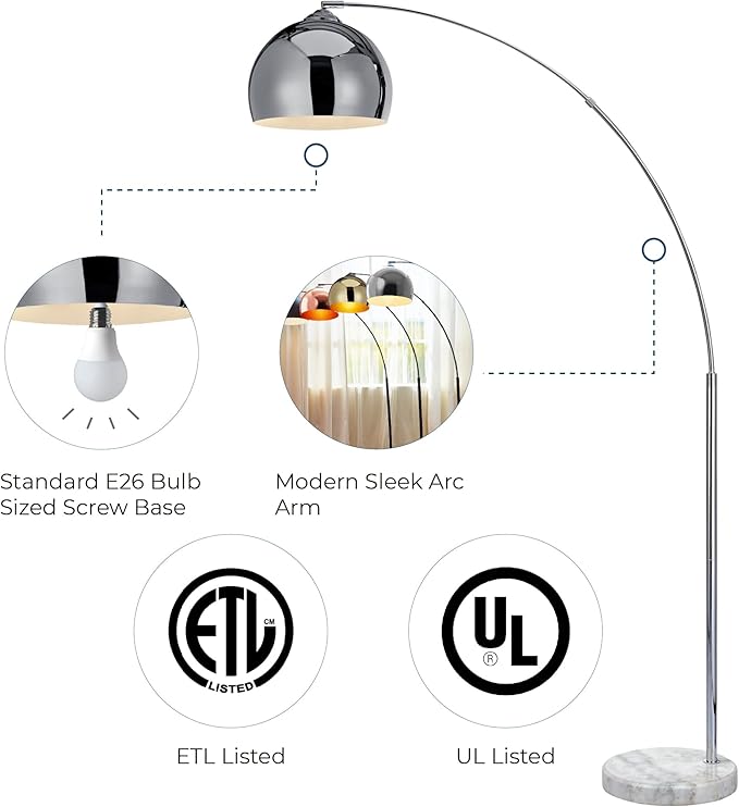 Teamson Home Arquer 68.1" Arc Floor Lamp for Living Rooms, Home Offices, Dining Rooms, Bedrooms with Faux White Marble Base and Chrome Bell Shade