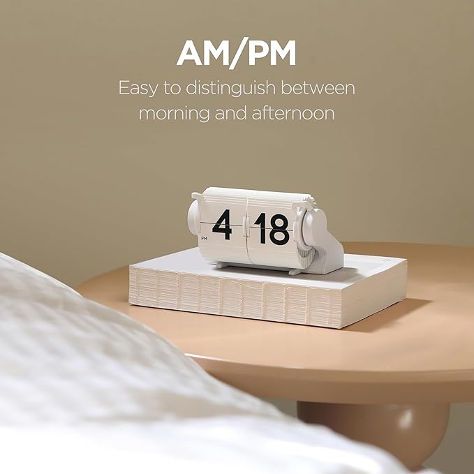 mooas Automatic Mini Flip Clock, Retro Vintage Automatic Flip Desk Clock, Timer Calendar Alarm, Snooze, Desk Clock Large Number USB-C Rechargeable, Ideal for Home Office School Hotel Café (White)