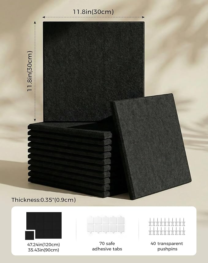 Aothia 12-Pack Felt Bulletin Board Tiles for Walls - 48x36 Modular Bulletin Board, Cork Board Alternative Pin Board for Office & Classroom, 70 Adhesive Tabs & 40 Push Pins Included (Black)