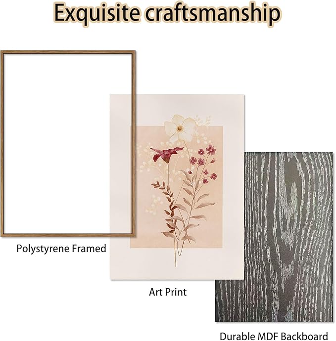 KISSFOX 3 Piece Framed Wall Art Botanical Wall Decor Pink Flower Pictures Wildflowers Canvas Art Watercolor Floral Paintings Minimalist Boho Artwork for Living Room Bedroom Bathroom