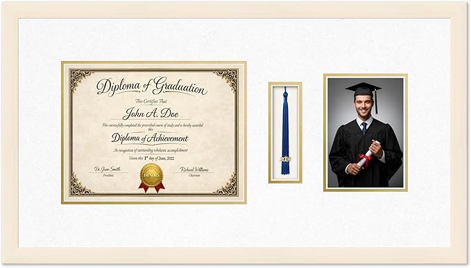 Diploma Tassel and Photo Frame Coastal Whitewash Shadowbox Oyster Shell Over Gold Mat - Fits 11 x 8.5 Degree Picture Made in the USA