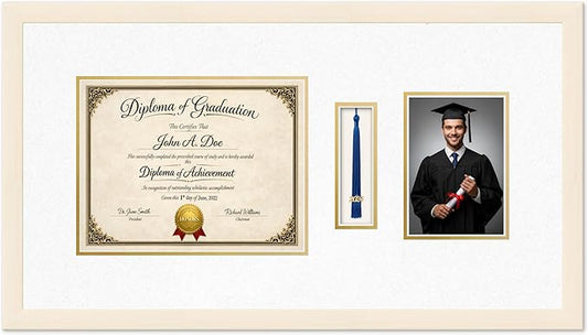 Diploma Tassel and Photo Frame Coastal Whitewash Shadowbox Oyster Shell Over Gold Mat - Fits 11 x 8.5 Degree Picture Made in the USA
