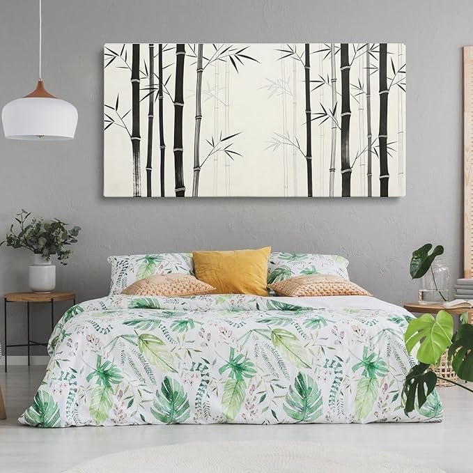 Black White Bamboo Framed Canvas Wall Art for Bedroom, Botanical Wall Decor 58" L x 28" W