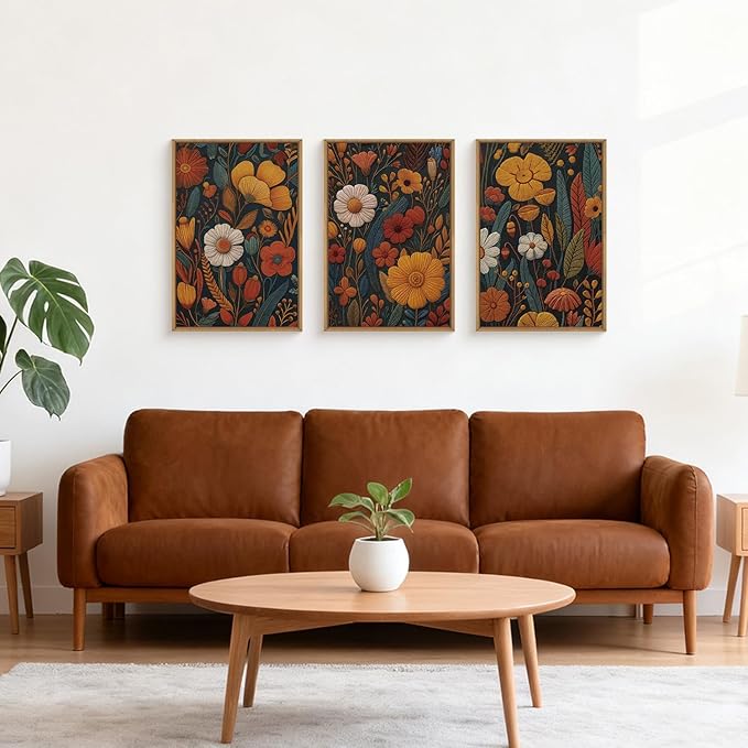 Boho Floral Framed Canvas Wall Art,Vintage Orange Flowers Wall Decor,Abstract Botanical Art Painting,Rustic Neutral Wildflower Artwork for Bedroom Living Room Office 16"x24"x3