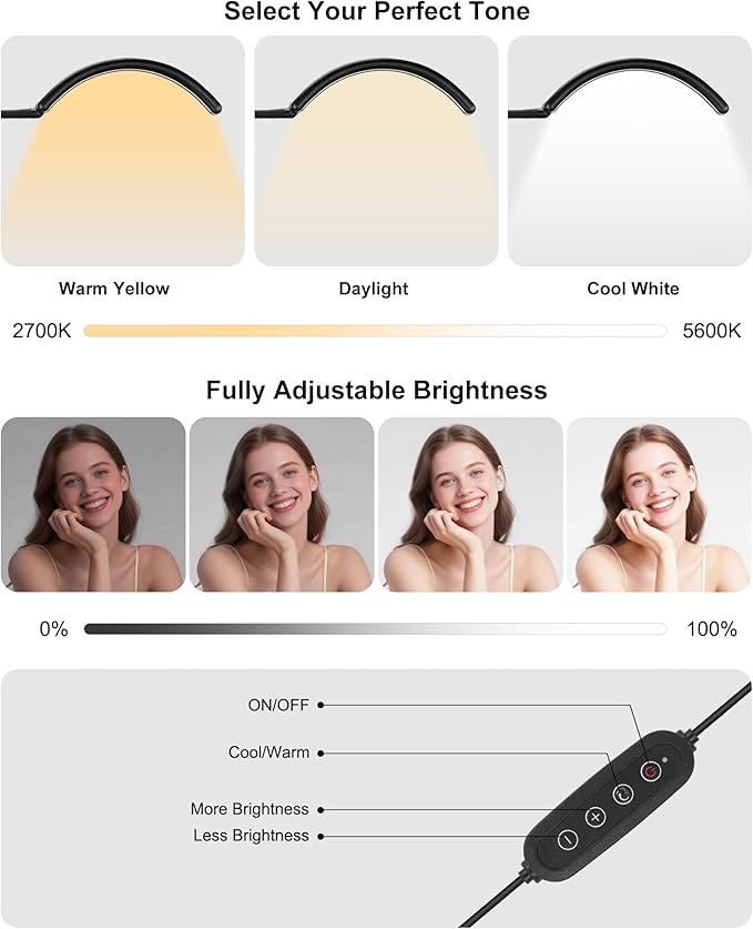 Half Moon Light for Nail Desk, Professional Shadowless LED Manicure Lamp with Clamp for Nail Techs. 10 Dimmable Modes, Eye-Caring Light for Nail Art, Gel Polish, Acrylics. Compact & Space-Saving