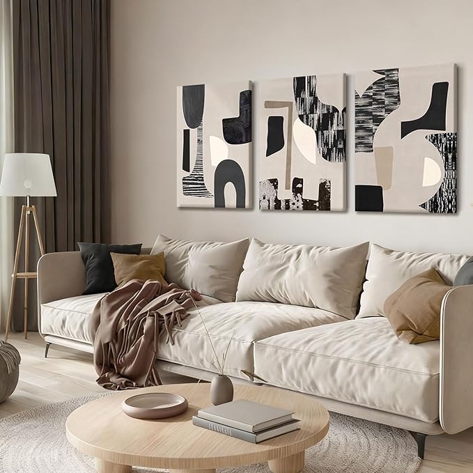 NCCXNCC 3Pcs Black and Beige Abstract Canvas Wall Art Bohemian Living Room Wall Decor Paintings Modern Geometric Posters Print Neutral Minimalist Artwork Pictures Bedroom Office Decor 12x16 Inch