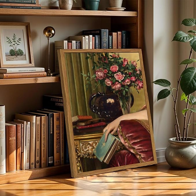 Framed Vintage Wall Art, Moody Victorian Wall Decor Paintings, Mid Century Modern Antique Book Woman Still Life Canvas Prints Pictures Home Decor Aesthetic for Living Room Bedroom Bathroom 12x16 inch