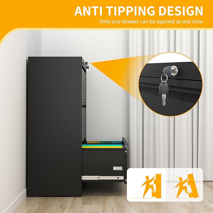 File Cabinet with Lock, 3 Drawer Lateral Filing Cabinet for Home Office, Metal Heavy Duty File Cabinets for Hanging Letter/Legal/F4/A4 Size Files, Assembly Required (Black)