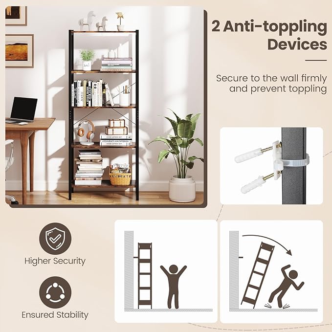 Giantex 5-Tier Industrial Bookshelf, 63.5" Tall Open Storage Organizer Shelves with Anti-Tipping Device and Foot Pads, Steel Frame Bookcase Display Rack for Living Room, Bedroom, Office, Brown