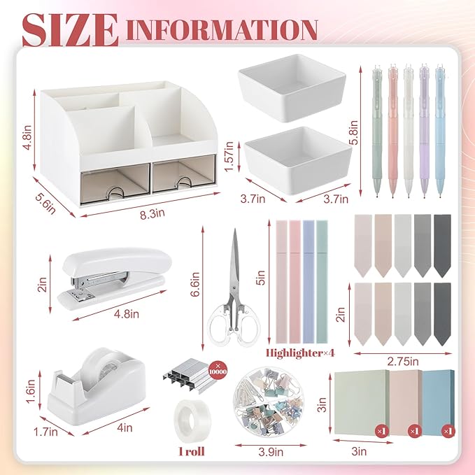 Kosiz Morandi Office Supplies Aesthetic Desk Organizer Pink Desk Accessories Gift for Pen Holder Stapler Binder Sticky Notes Paper Clips Scissor Staples Aesthetic for Women Men Students