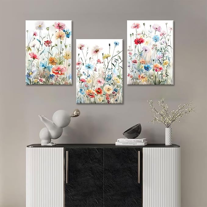 KISSFOX Framed Colorful Wildflower Canvas Wall Art Set Of 3 Flowers Pictures Prints Flowers Printing Floral Watercolors Flower wall Decor Living Room Girls Bedroom Bathroom