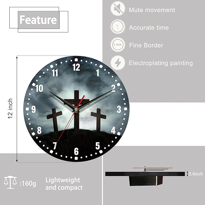 SPUNKER Clock for Bedroom,Three Crosses Wall Clocks,Sunlight Battery Operated Wall Clock Silent Non-Ticking Decorative for Home Kitchen Bathroom Living Room Bedroom Office 10 Inch