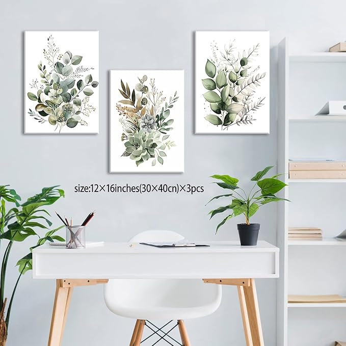 Bwodke Botanical Wall Art Plant Floral Watercolor Canvas Prints Set of 3 Framed Sage Green Painting Eucalyptus Leaf Picture Modern Minimalist Boho Decor Bedroom Bathroom Living Room 12"x16"