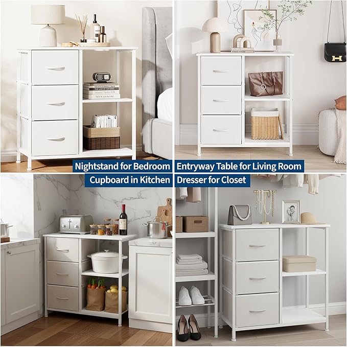 Garvee 3 Drawer File Cabinet, Printer Stand with 2 Open Storage Shelves, Fabric Filing Cabinet Under Desk Office Organizer for Home Office, Modern Storage Solution, White