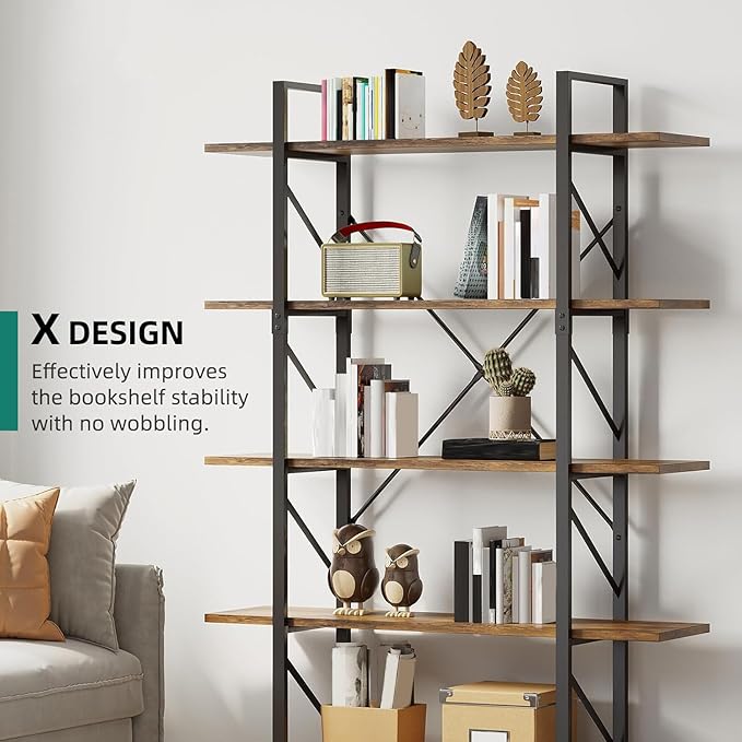 YITAHOME 5 Tier Bookshelf, Large Bookcase Industrial Book Shelf Storage Organizer, Free Standing Storage Shelving Unit for Living Room, Bedroom,Home Office, Rustic Brown