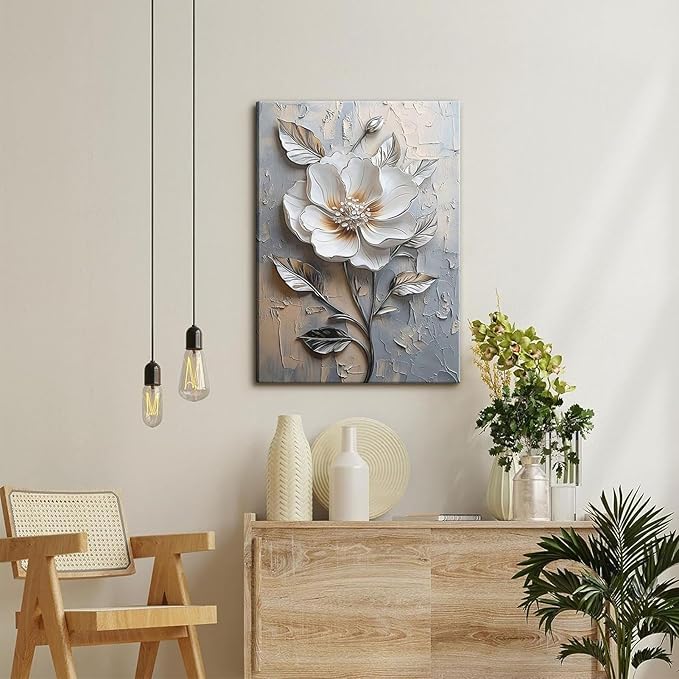 Elegant White Flower Canvas Wall Art Modern Abstract Floral Wall Decor Picture Blooming Flower Poster Print for Office Living Room Bedroom Bathroom Home Decoration 12x16in