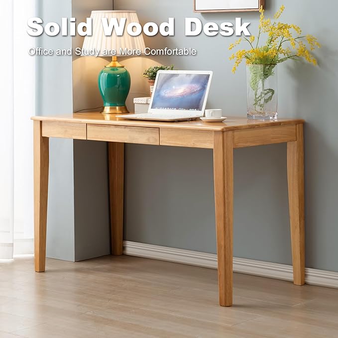 Solid Wood Desk with Drawer, Wooden Home Office Desk for Work, Student Computer Desk for Small Spaces, Gaming Study PC Desk for Bedroom, Easy to Assemble (Teak Color 39 inch)