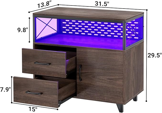 Homieasy Lateral File Cabinet with LED Light, Office Filing Cabinets with 2 Drawers and 1 Door Cabinet, Desk Side Printer Stand with Storage for Office Supplies, Walnut