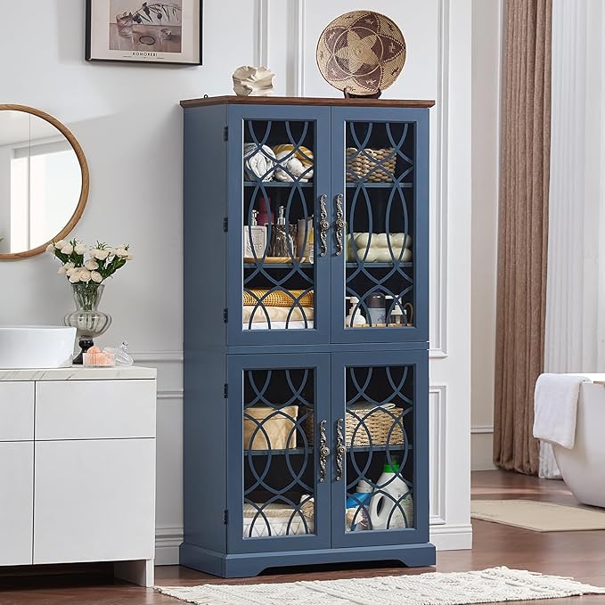 67" Tall Bookshelf, Rustic Book Shelf w/Vintage Pattern Tempered Glass Doors, 5-Tier Wood Bookcase with Adjustable Storage Shelves, Retro Curio Display Cabinet for Living Room, Navy Blue
