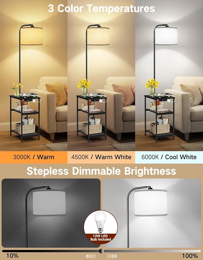 Floor Lamp with Table & Remote, Side End Table with Charging Station, Dimmable Nightstand with 3 Color Temperatures, 1-Hour Timer, 12W LED Bulb, for Living Room, Bedroom(Black)