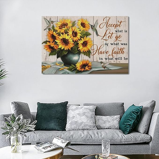 yerretin Farmhouse Sunflower Wall Art Sunflower Pictures Wall Decor Rustic Canvas Painting Modern Artwork Home Decorations for Bathroom Dining Room Kitchen Bedroom Office Framed 24"x16"