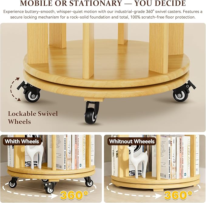 Rotating Bookshelf Tower with Wheels, 6 Tier Solid Wood Round Spinning Bookshelf Tower, 360° Revolving Bookcase Rolling for Kids Adult, Rotation Book Shelf for Bedroom, Living, Office, Corner, Natural