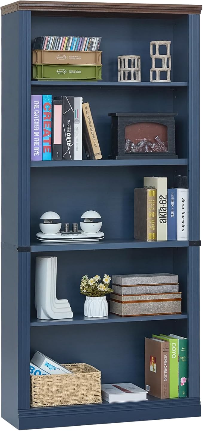70" Blue Tall Bookshelf Set of 2,5-Tier Thick Wooden Book Shelf with Adjustable Shelves,Free Standing Farmhouse Bookcase with Open Display Storage,Floor Vintage Bookshelves for Living Room