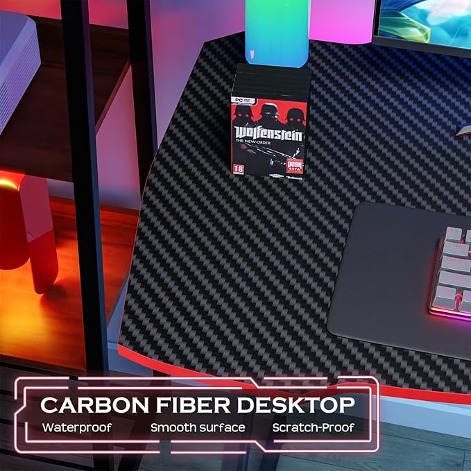 PayLessHere | 35" Gaming Table | Red | Z-Shaped Computer Desk with Steel Frame, Headphone Hook, Adjustable Feet | Carbon Fiber Texture Surface, Sweat & Waterproof | for Gaming, Home Office