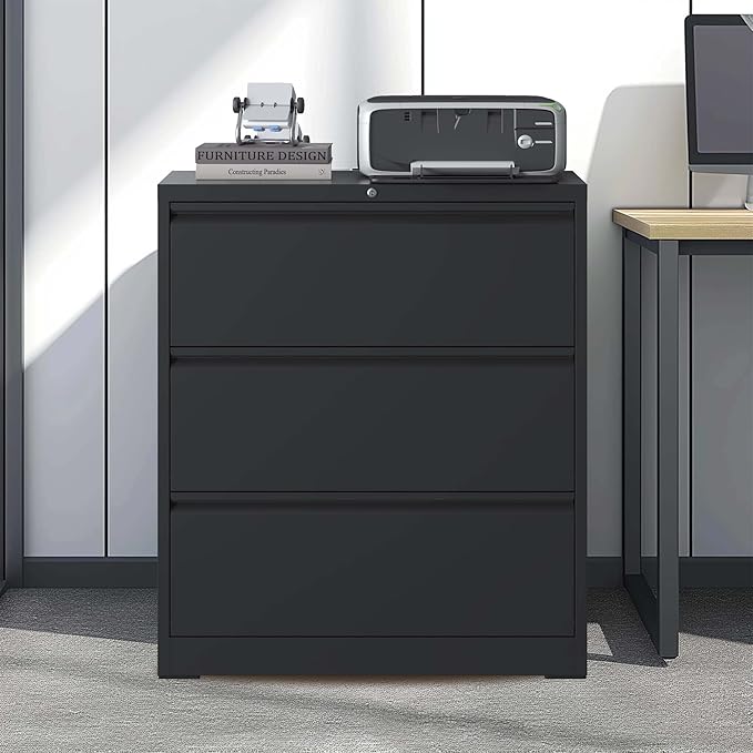 3 Drawer Vertical File Cabinet with Lock, Metal Lateral Filing Cabinet with Hanging Letter/Legal/A4 Folders, Locking Steel Cabinet for Home, Office, Assembly Required - Black