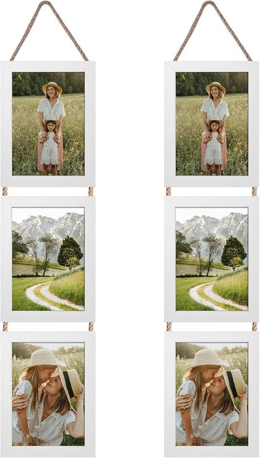 Lavezee 5x7 White Hanging Collage Picture Frames Set of 2, 6 Opening Vertical Frame Made to Display 5 by 7 Inch Photo for Wall Decor