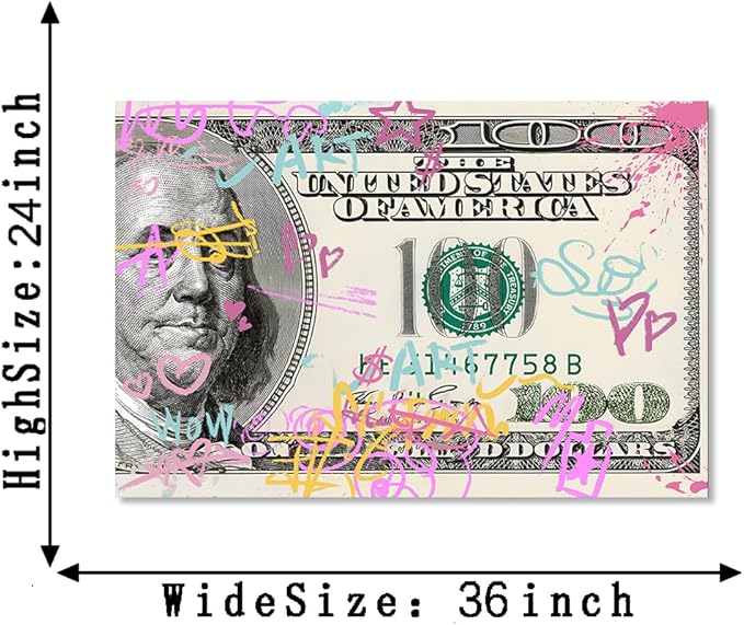 Inspirational Colorful Graffiti 100 Dollar USD Canvas Paintings Wall Art Money Buys Freedom Artwork Wall Pictures Poster and Prints Framed Ready to Hang-24x36 inches