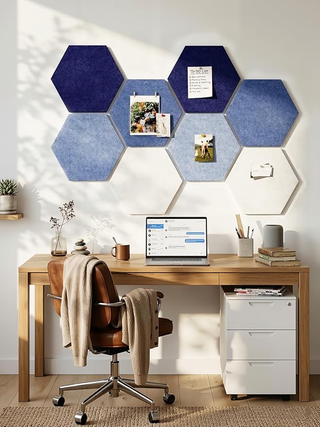 8 Pack Hexagon Felt Bulletin Board Tiles - 11.8" Large Thick Pin Board for Walls with 30 Push Pins, DIY Boards for Office Home School Decor, Aesthetic Hex Cork Board Alternative