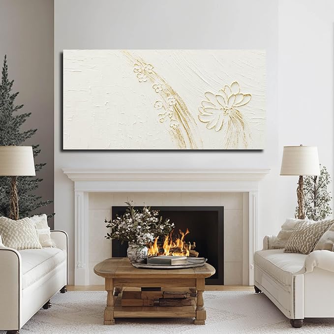 VAYIMDH White Paintings Texture Wall Art Canvas Pictures Gold Hand Drawn Arts Beautiful Floral Wall Decor for Home Office 24"x48"