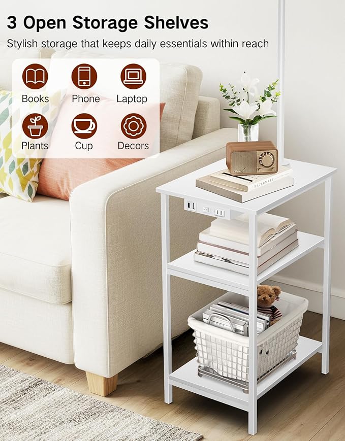 Floor Lamp with Table & Remote, Side End Table with Charging Station, Dimmable Nightstand with 3 Color Temperatures, 1-Hour Timer, 12W LED Bulb, for Living Room, Bedroom(White)