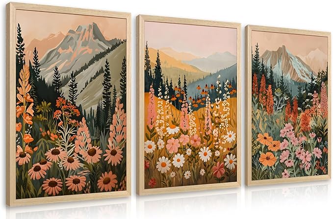 Hianan Boho Daisy Sunset Wall Art, Colorful Mountain Wildflower Wall Decor, Vintage Wildflower Canvas Painting, Modern Botanical Flower Aesthetic Picture for Bedroom Living Room Wood Framed 16"x24"x3