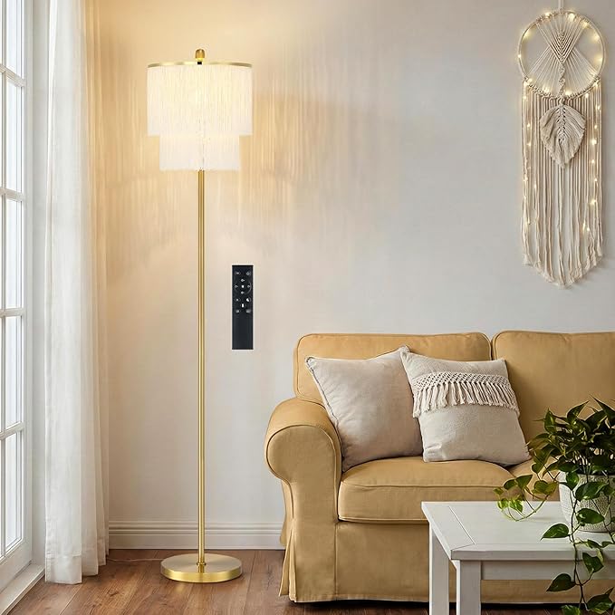 Dimmable Boho Tassel Floor Lamp with Remote Control for Living Room, 63" Tall Fringe Standing Bedroom Lamp with 3 Color Temperature Adjustment, Modern Stand Up Corner Lamp with Tassel Lampshade