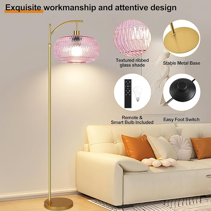 Pink Floor Lamp for Living Room,Bedroom,Gold Dimmable Standing Lamp with Remote,Mid Century Modern Brass Tall Lamp Boho Floor Lamps Arc Stained Glass Flower Floor Light Lamp Girls kids Bohemian