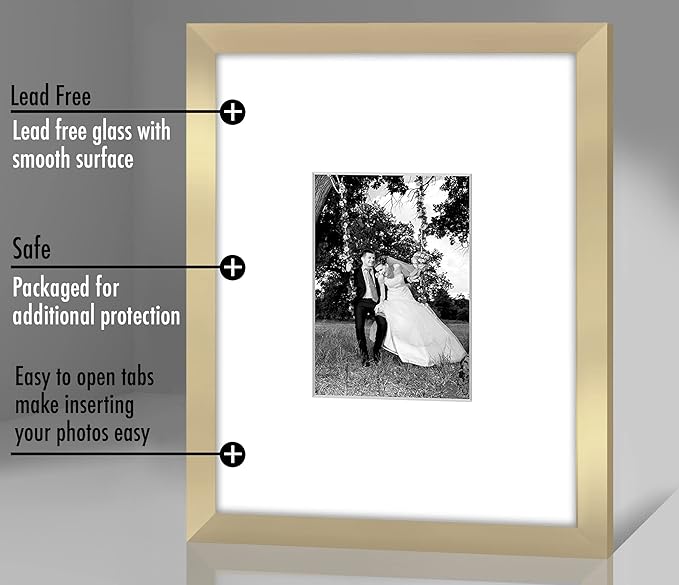 Americanflat 11x14 Picture Frame with Shatter-Resistant Glass - Use as 5x7 Frame with Mat or Display 11x14 Photo Without Mat - Signature Collection - Picture Frames for Wall Display - Gold