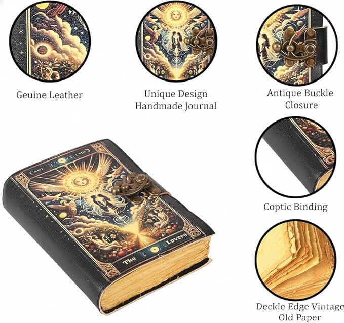 TUZECH Book of Spells Leather Bound Journal Deckle Edge Paper Grimoire Printed Diary Third Eye witchcraft supply and Witch Spell Notebook Antique Vintage Book for Men and Women (The Angel Lovers)